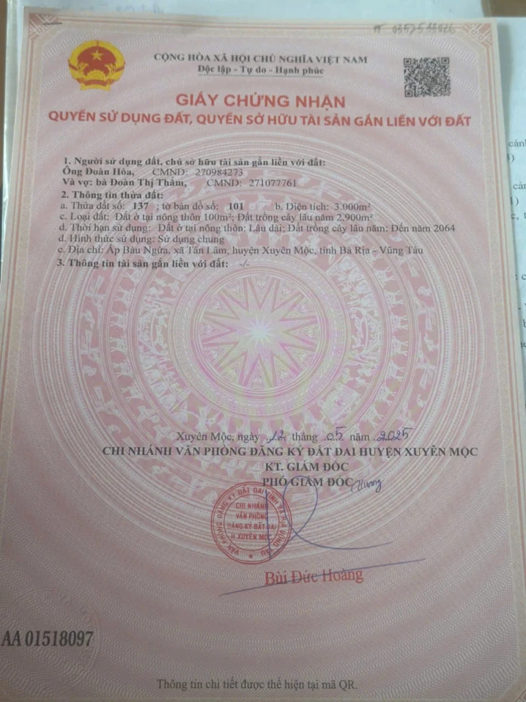 Bán đất có 39m mặt tiền đường nhựa 6m , có 100m2 tổng diện tích 3000m2 vuông vức