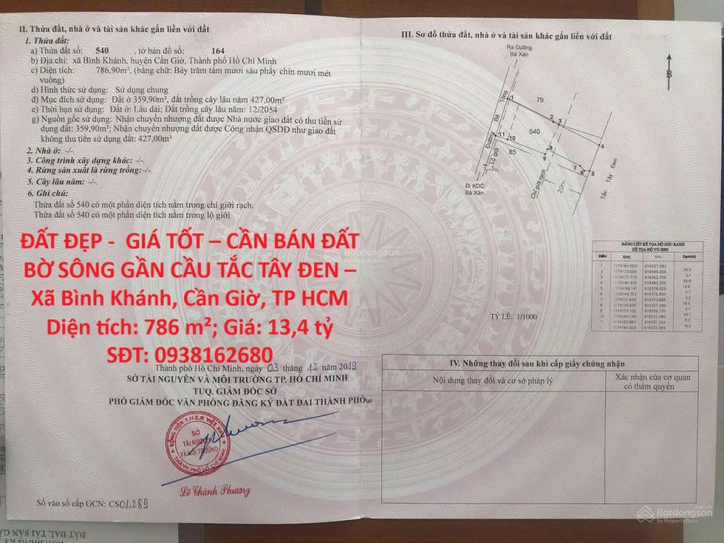 ĐẤT ĐẸP -  GIÁ TỐT – CẦN BÁN ĐẤT BỜ SÔNG GẦN CẦU TẮC TÂY ĐEN – Xã Bình Khánh, Cần Giờ, TP HCM
