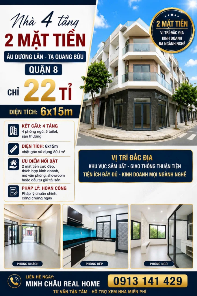 Nhà 4 tầng, 6x15m, 2 mặt tiền Tạ Quang Bửu – Âu Dương Lân, Quận 8, chỉ 22 tỉ