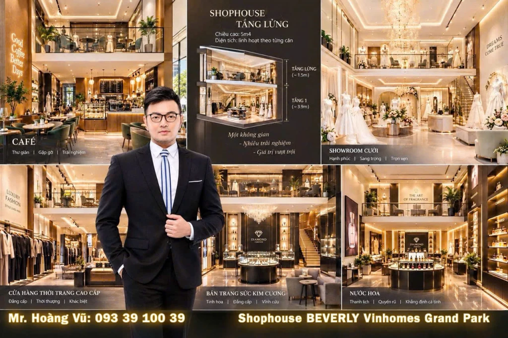 Vinhomes Quận 9- Shophouse Beverly 5,4m- tầng lửng linh hoạt, nhiều mô hình kinh doanh: từ 129 triệu/m2