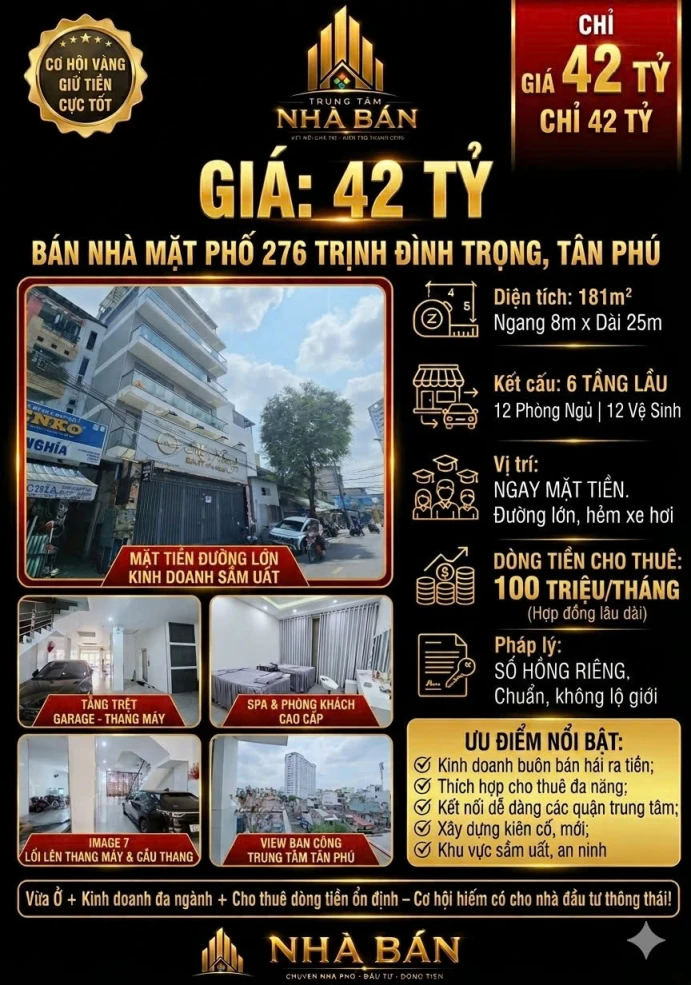 NHÀ MẶT TIỀN 276 TRỊNH ĐÌNH TRỌNG TÂN PHÚ - 181M2 - 800M2 SD - 6 TẦNG - 12PN - 42 TỶ - SHR - LH 0898333313