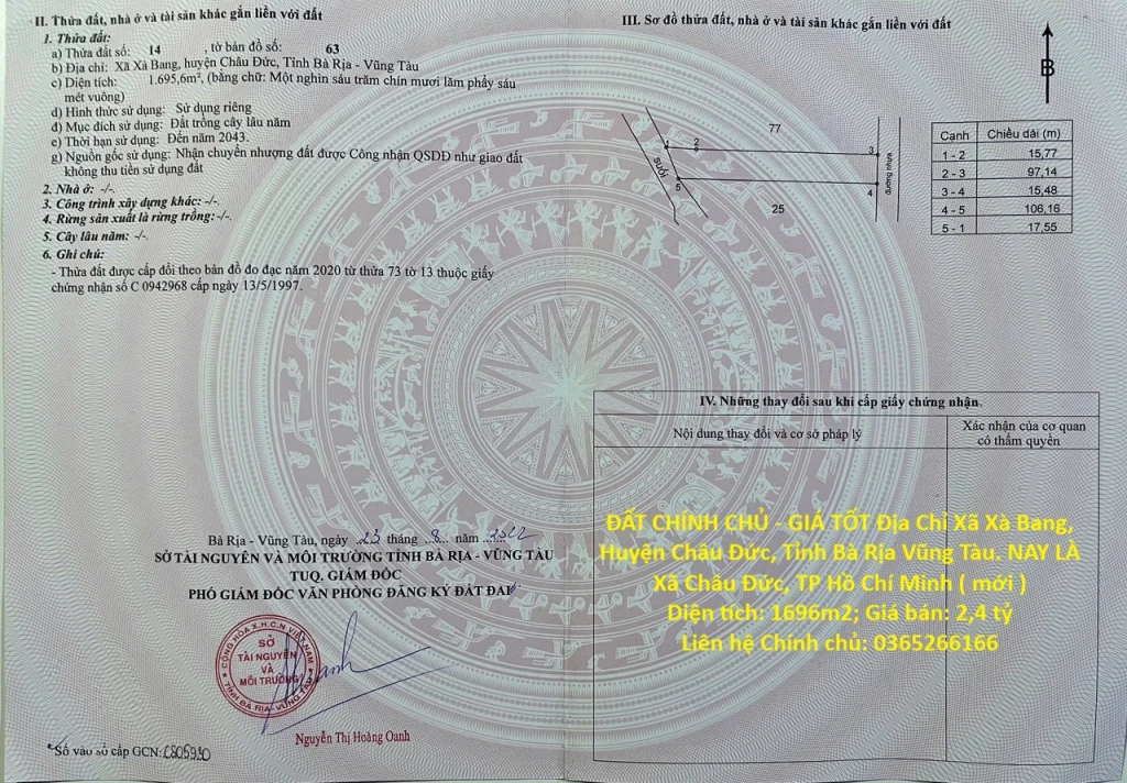 ĐẤT CHÍNH CHỦ - GIÁ TỐT Địa Chỉ Xã Xà Bang, Huyện Châu Đức, Tỉnh Bà Rịa Vũng Tàu