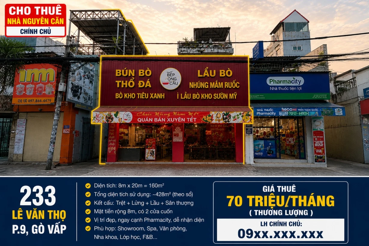 CHO THUÊ NHÀ NGUYÊN CĂN MẶT TIỀN KINH DOANH 233 LÊ VĂN THỌ – GÒ VẤP