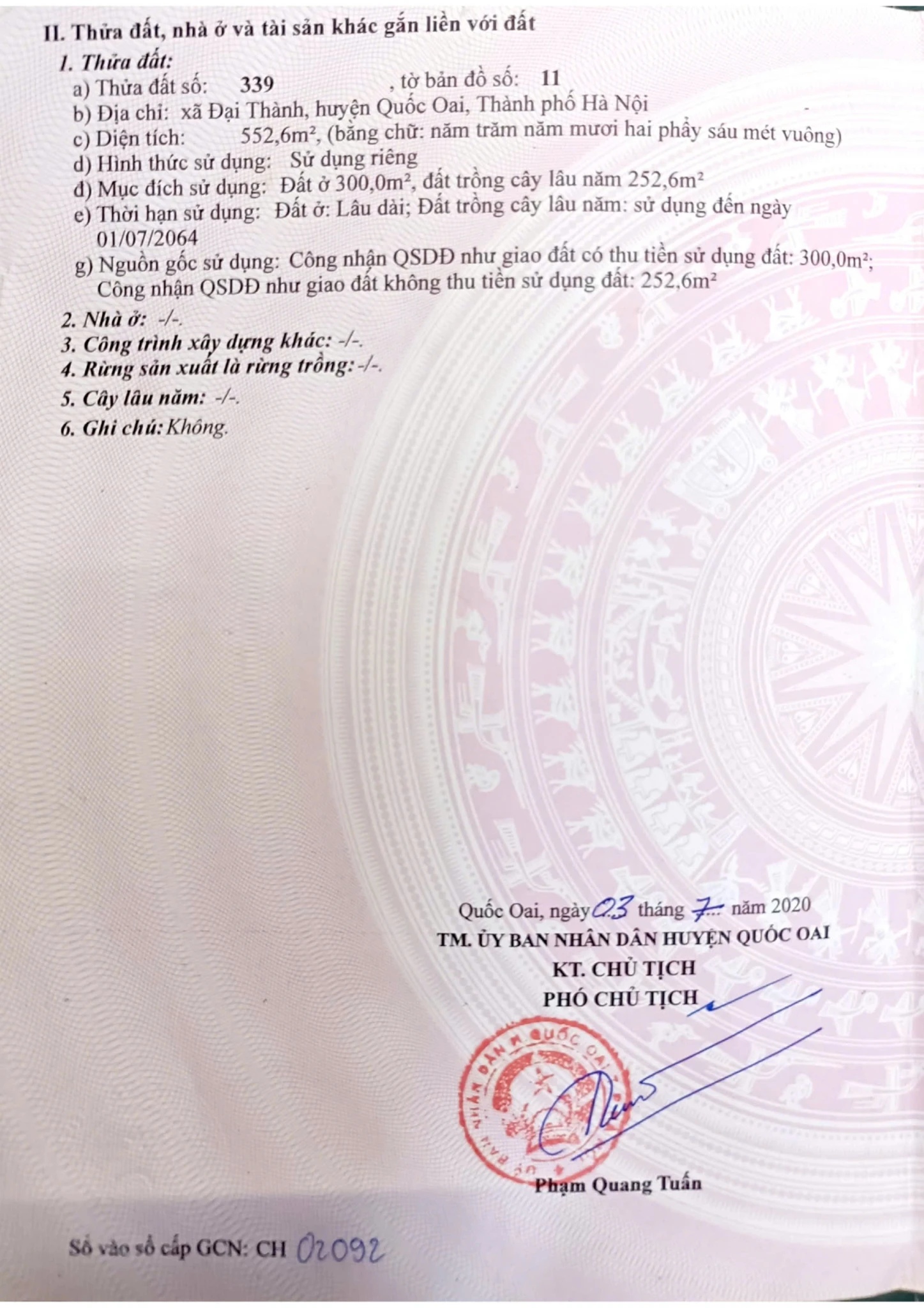 Bán đất Đại Thành, Quốc Oai. Diện tích 552m giá chỉ 20,5 tỷ