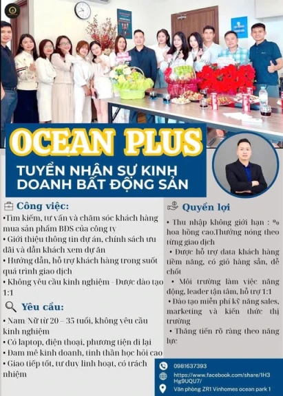 OCEAN PLUS TUYỂN DỤNG NHÂN SỰ BẤT ĐỘNG SẢN