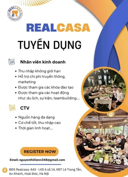 BĐS REALCASA TUYỂN DỤNG NHÂN VIÊN KINH DOANH VÀ CTV KHÔNG CẦN KINH NGHIỆM