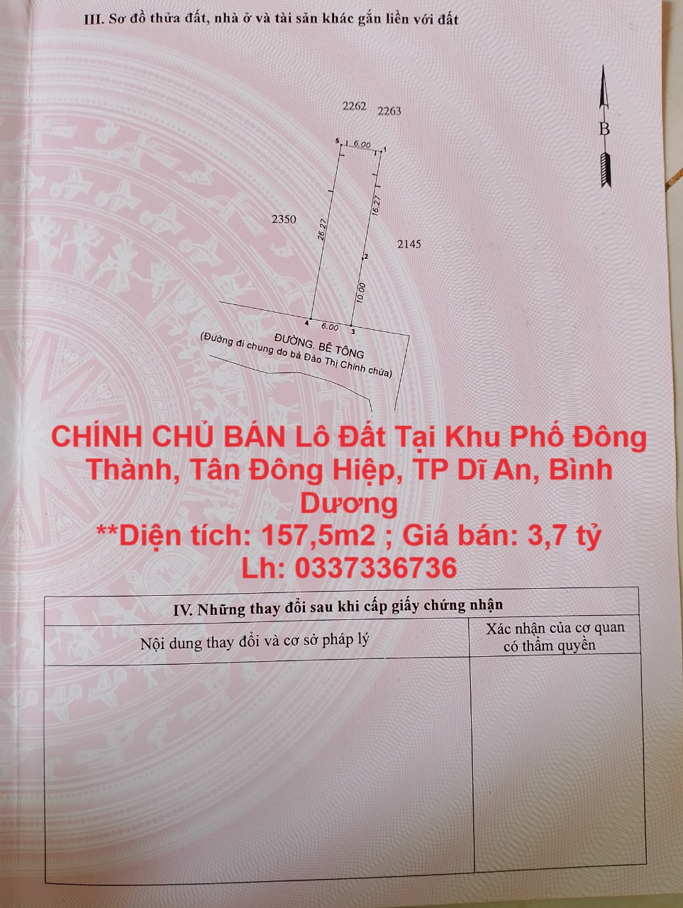 CHÍNH CHỦ BÁN Lô Đất Tại Khu Phố Đông Thành, Tân Đông Hiệp, TP Dĩ An, Bình Dương