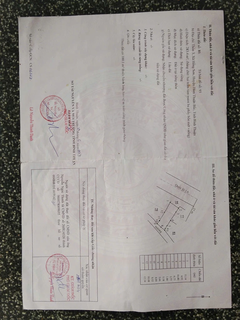 Bán 283,4m2 Đất Thổ Cư Mặt Tiền Quốc Lộ 1A, Thôn 3, Xã Hồng Sơn, Hàm Thuận Bắc, Bình Thuận