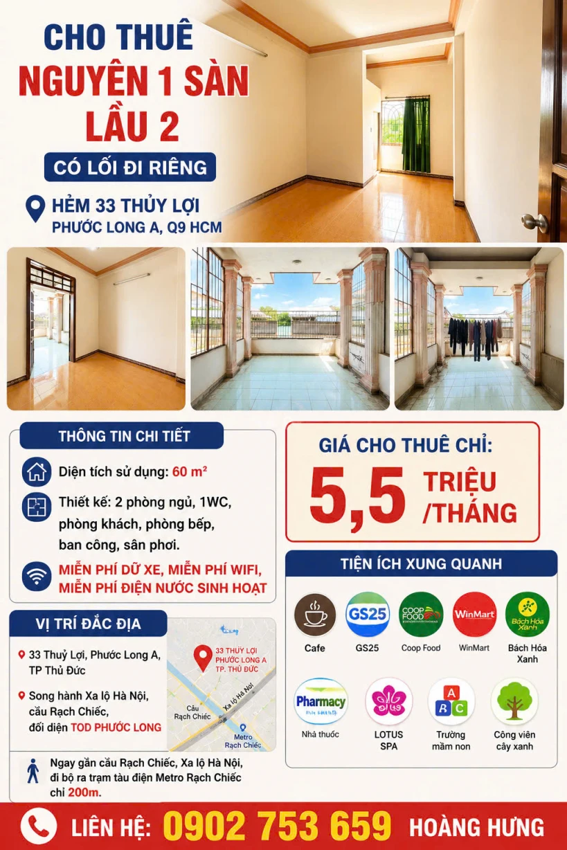 CHO THUÊ 60m2 , NGUYÊN 1 SÀN LẦU 2 , CÓ LỐI DI RIÊNG, TẠI HẺM 33 THUỶ LỢI , PHƯỚC LONG A, Q9 HCM