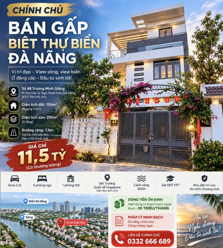 CHÍNH CHỦ BÁN GẤP BIỆT THỰ BIỂN ĐÀ NẴNG – GIÁ CHỈ 11,5 TỶ – DÒNG TIỀN CHO THUÊ HƠN 30 TRIỆU/THÁNG