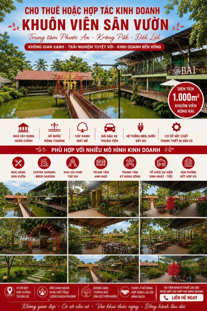CHO THUÊ HOẶC HỢP TÁC KINH DOANH KHUÔN VIÊN SÂN VƯỜN ĐẸP TẠI TRUNG TÂM PHƯỚC AN