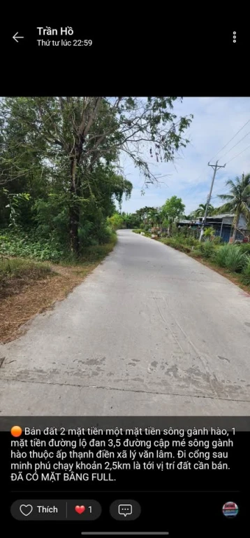 Bán đất 2 mặt tiền một mặt tiền sông gành hào, 1 mặt tiền đường lộ đan 3,5 đường cập mé sông gành hào thuộc ấp thạnh