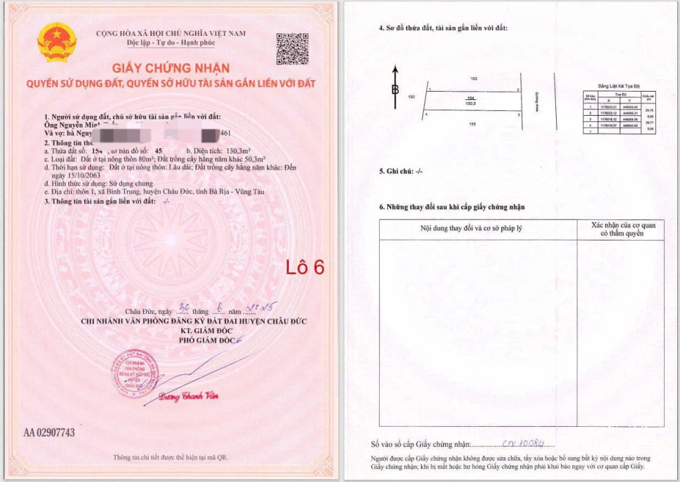 Chủ cần bán gấp 4 lô liền kề tọa lạc tại xã bình giã huyện châu Đức khu dân cư đường nhựa 7 mét