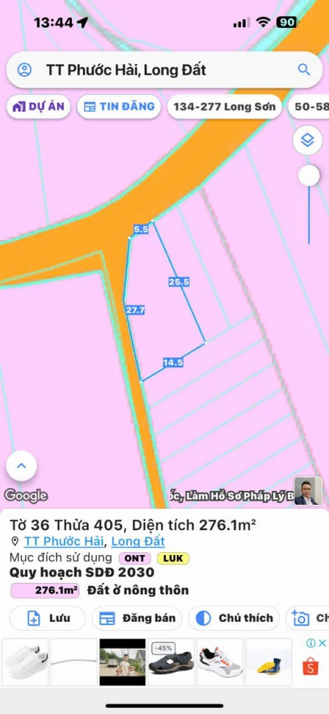 Lô góc 2 mặt tiền tại thị trấn phước hải . Đường nhựa khu dân cư 👉👉👉 Tổng dt 276m có 100,1m thổ cư