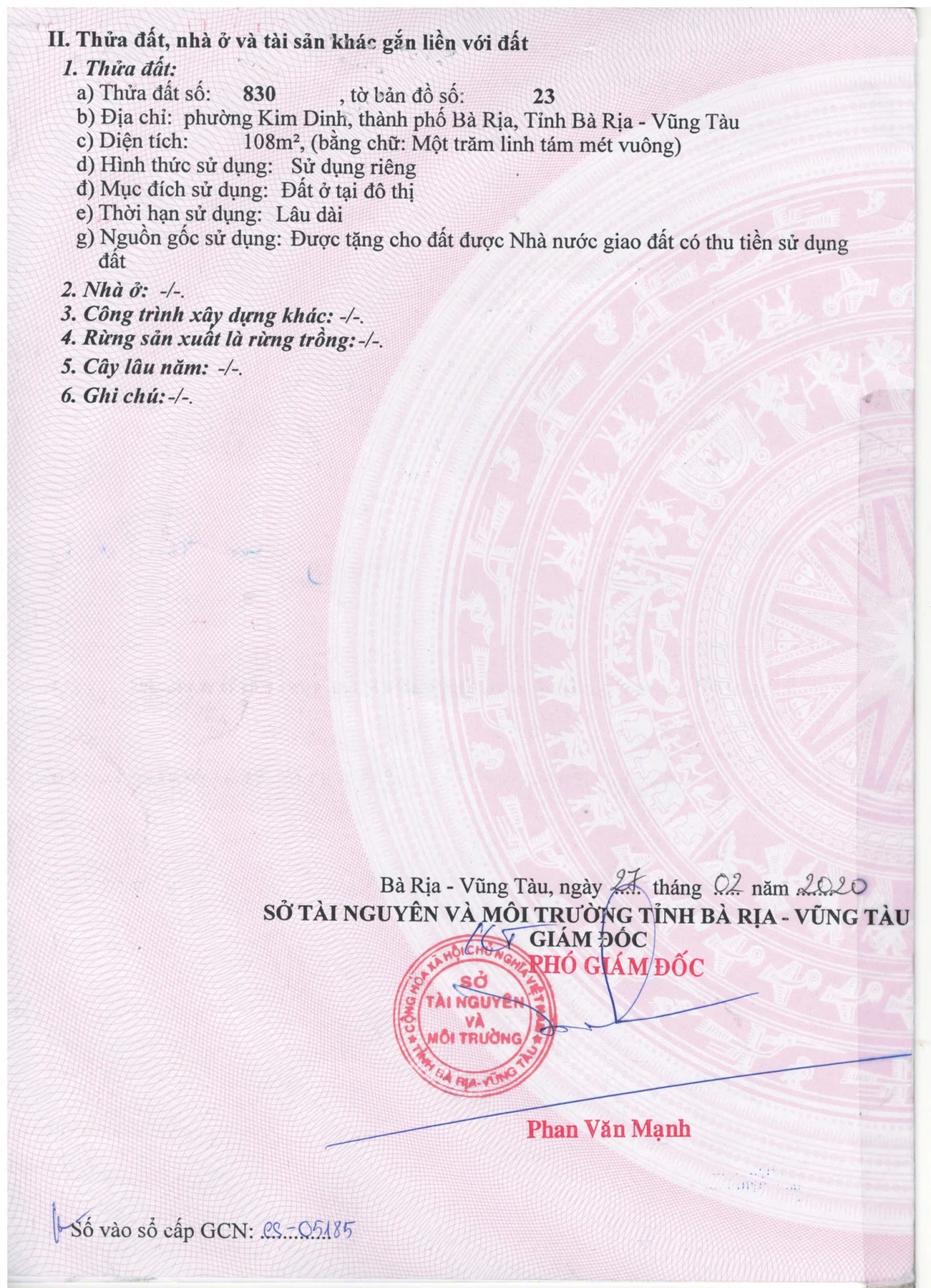 khu đô thị Đồng Nhân - Kim Dinh - Bà Rịa muốn bán. Diện tích 6x18 = 108 m2,