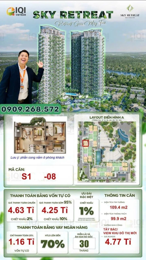 Căn Hộ Sky Retreat 3PN 110m2 view sông tầng đẹp giá rẻ mua giá gốc CĐT