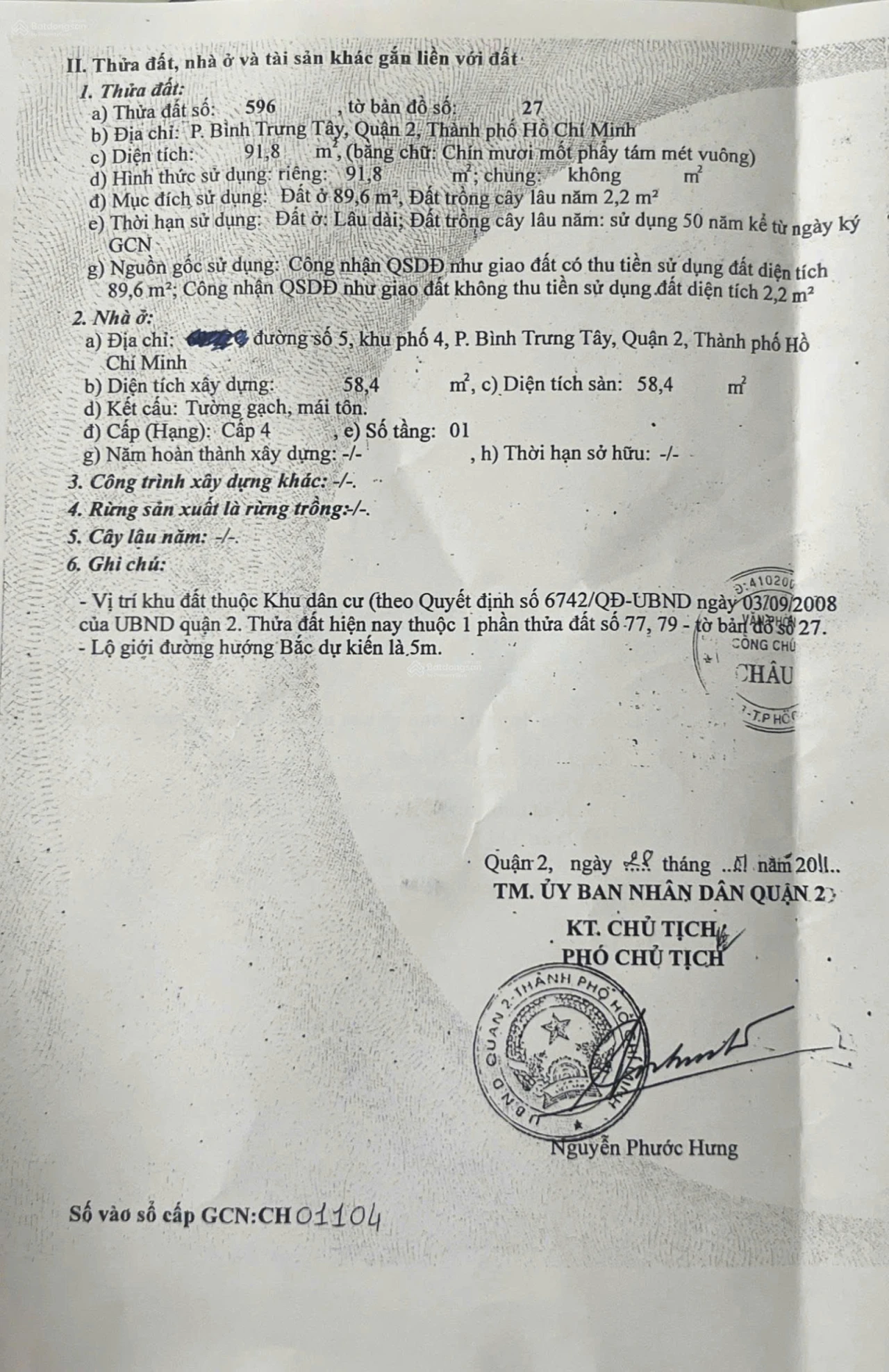 Chính chủ bán nhà cấp 4 hẻm oto con đường số 5 Bình Trưng Tây, Quận 2 ,100m2 sổ hồng riêng