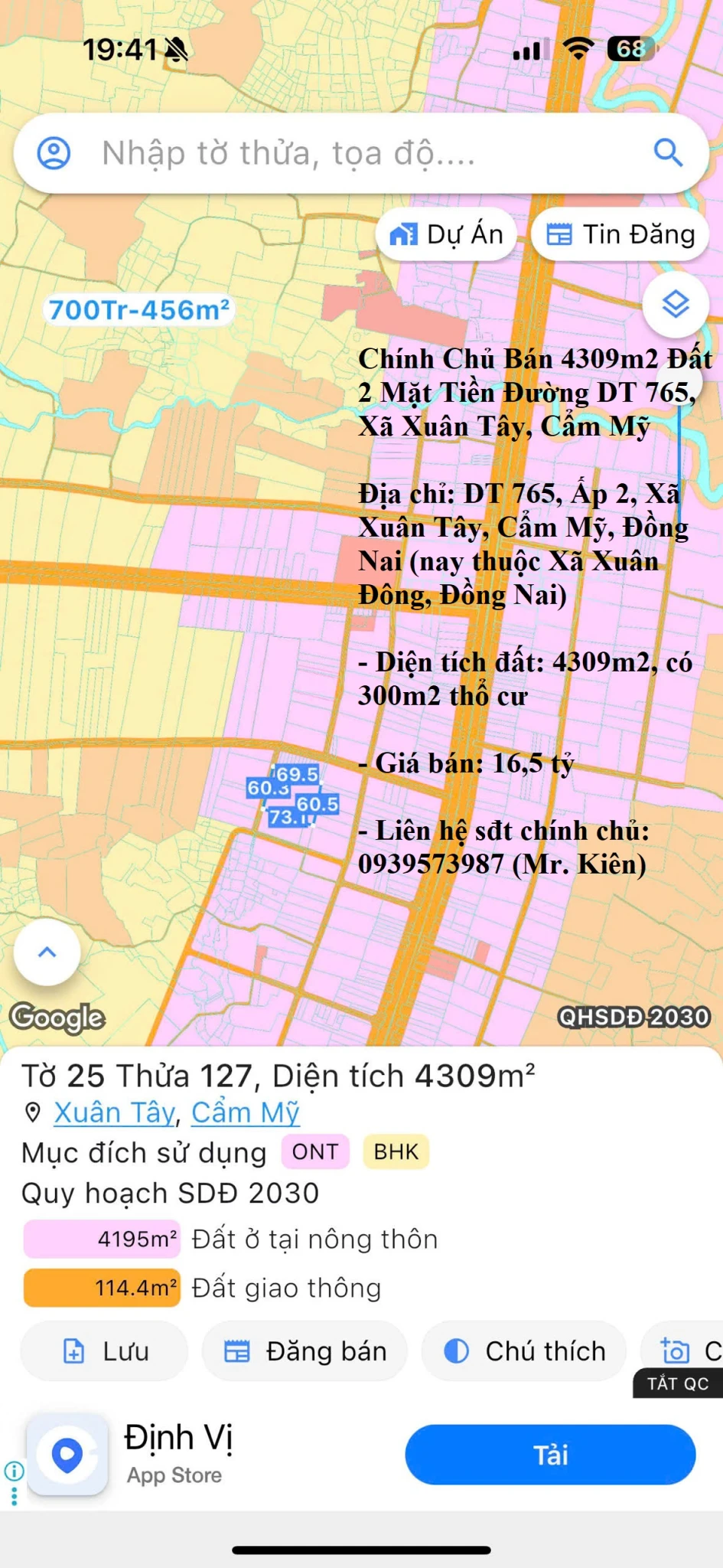 Chính Chủ Bán 4309m2 Đất 2 Mặt Tiền Đường ĐT 765, Xã Xuân Tây, Cẩm Mỹ, Đồng Nai