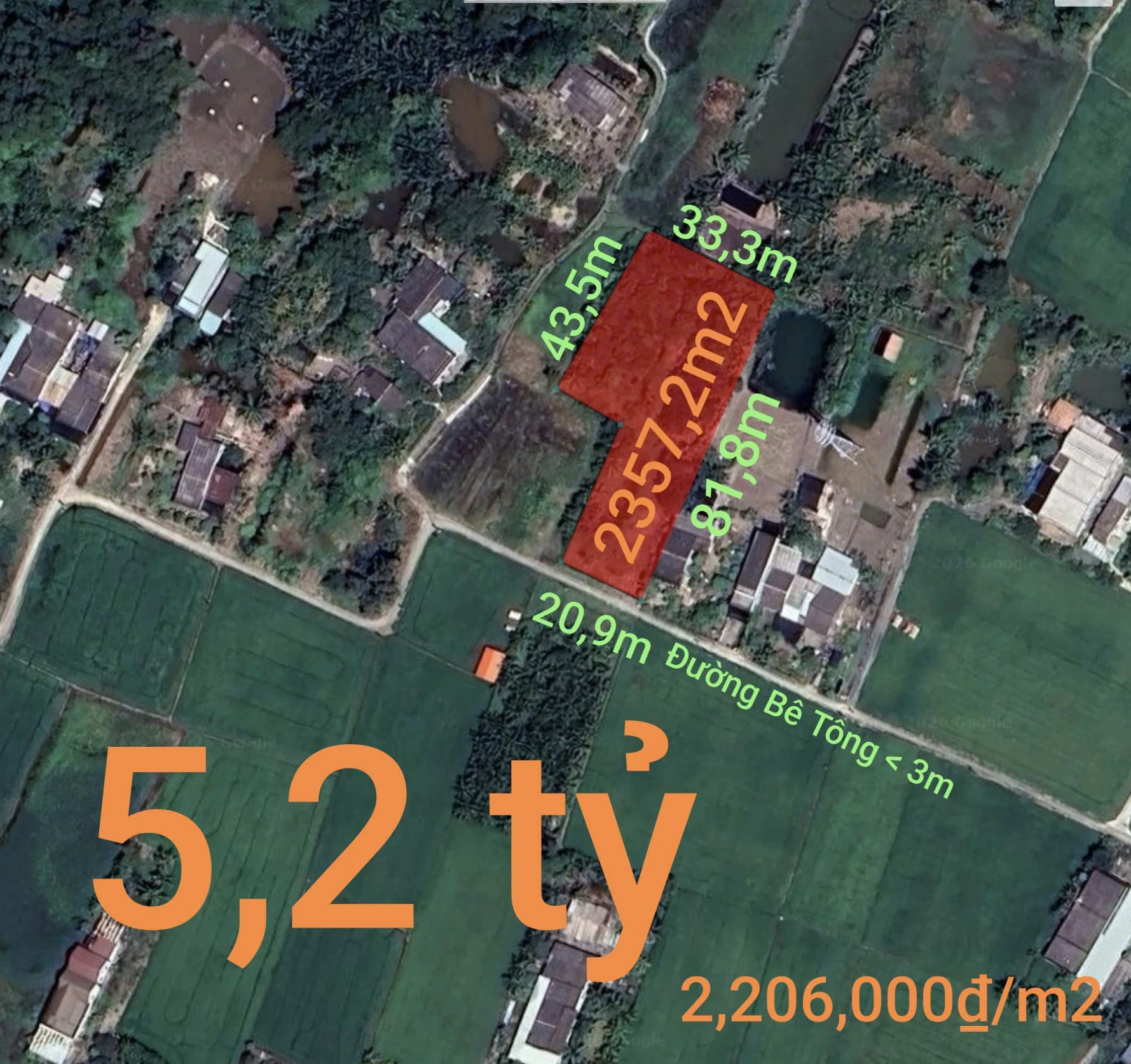 Bán lô đất lúa xã Tân Trụ giá 5,2 tỷ