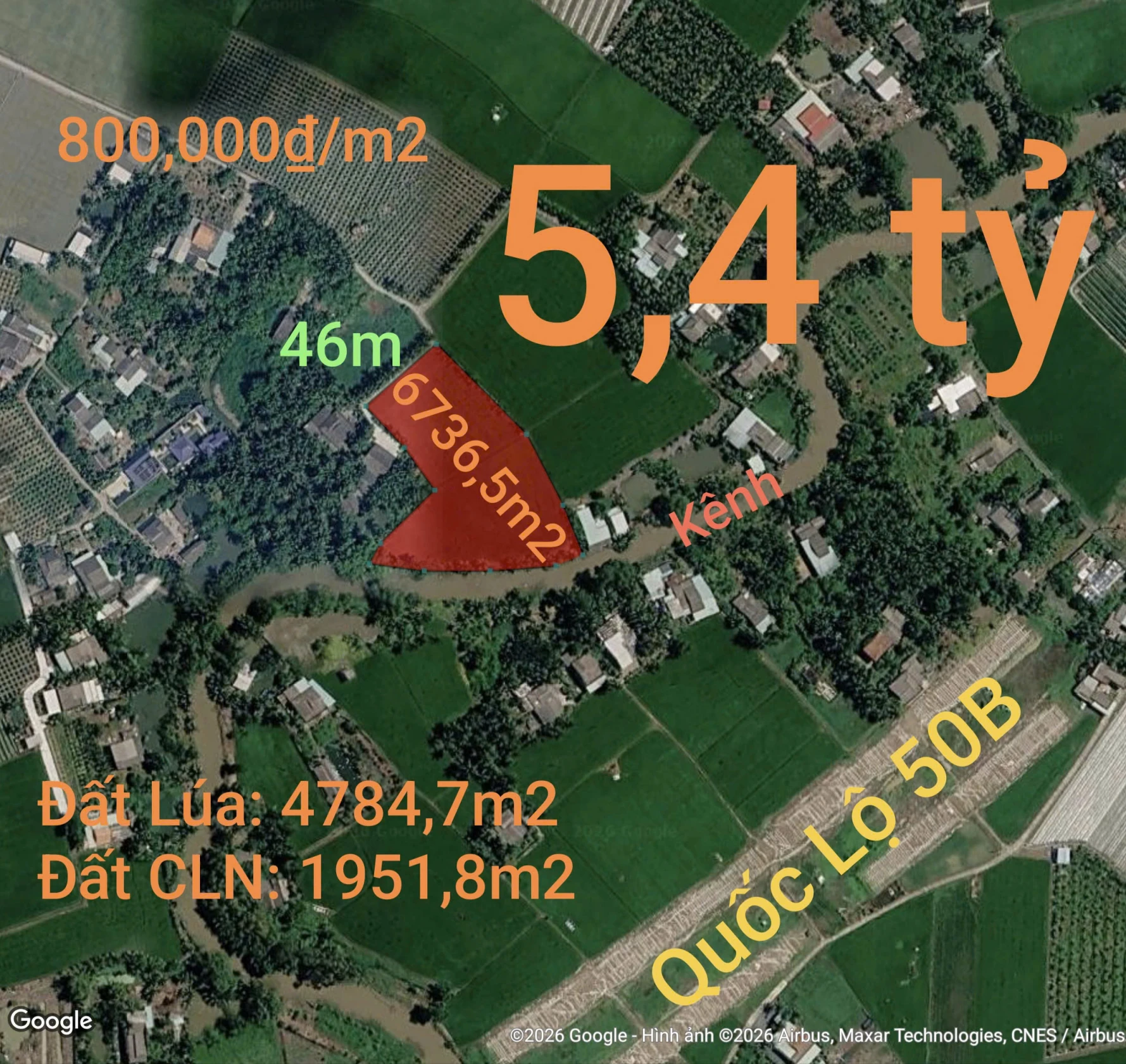 Bán lô đất lúa chuyển thổ làm nhà vườn gần Quốc Lộ 50B giá 5,4 Tỷ