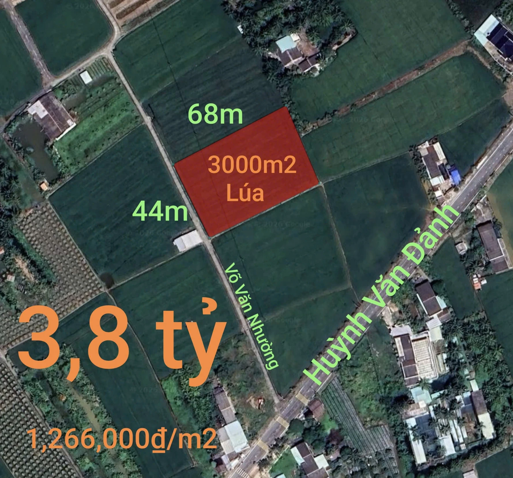 Bán đất lúa chuyển thổ xã Vàm Cỏ gần Quốc Lộ 50B giá 3,8 tỷ
