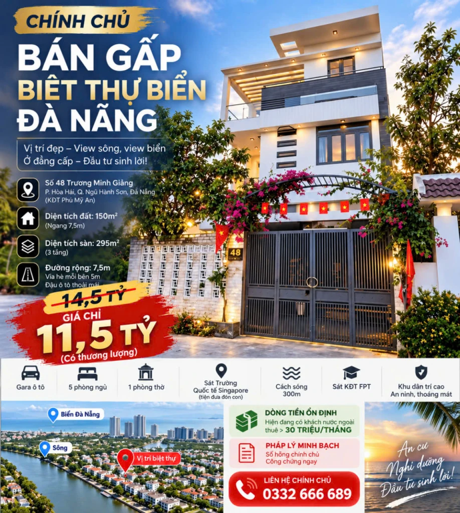 CHÍNH CHỦ BÁN GẤP BIỆT THỰ BIỂN ĐÀ NẴNG – GIÁ CHỈ 11,5 TỶ – DÒNG TIỀN CHO THUÊ HƠN 30 TRIỆU/THÁNG
