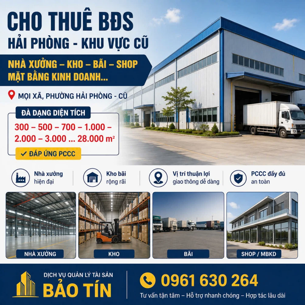 CHO THUÊ BĐS HẢI PHÒNG – KHO XƯỞNG - BÃI - SHOP - MẶT BẰNG KINH DOANH