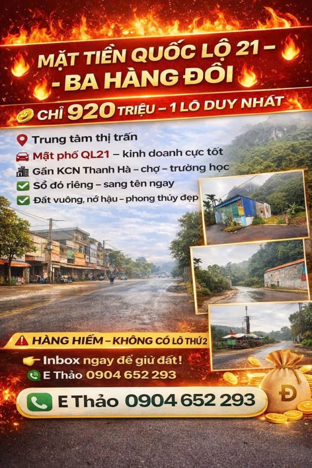 9xx triệu sẵn sổ tại mặt đường QL21, TT Ba Hàng Đồi, Hòa Bình