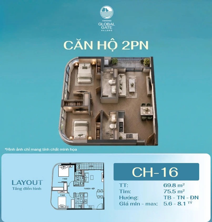 Quỹ căn 2PN góc 70m2 view ôm trọn 3 sân golf 950ha và Vịnh Hạ Long.