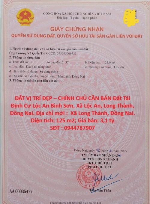 ĐẤT VỊ TRÍ ĐẸP – CHÍNH CHỦ CẦN BÁN Đất Tái Định Cư Lộc An Bình Sơn, Xã Lộc An, Long Thành, Đồng Nai.