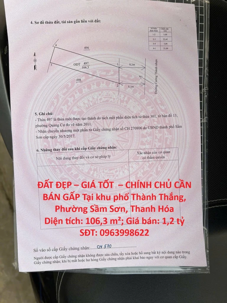 ĐẤT ĐẸP – GIÁ TỐT  – CHÍNH CHỦ CẦN BÁN GẤP Tại khu phố Thành Thắng, Phường Sầm Sơn, Thanh Hóa