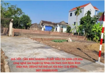 ⭐Bán nhanh lô đất đầu tư là sinh lời KCNC huyện Lý Nhân (Hà Nam cũ), tỉnh Ninh Bình (mới); 0366815105