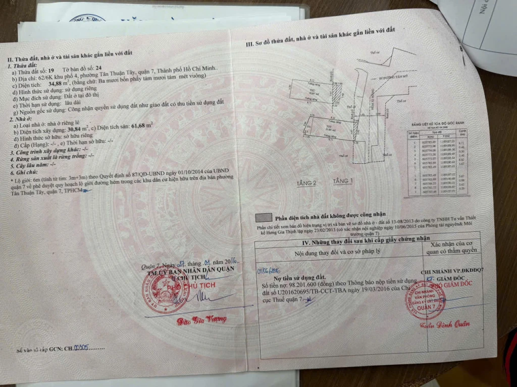 Bán nhà số 62/6K khu phố 4, phường Tân Thuận Tây, Quận 7, Hồ Chí Minh.