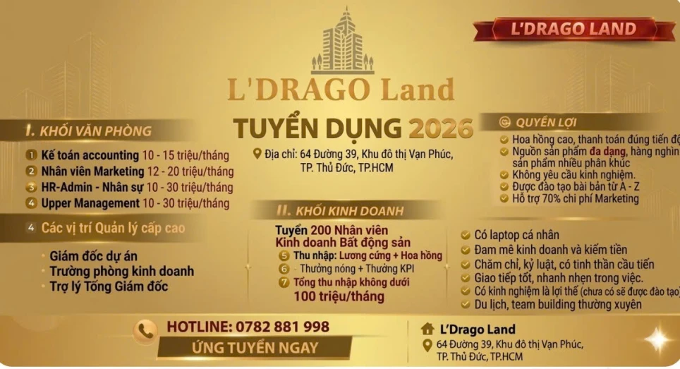 L’DRAGO LAND  - TUYỂN DỤNG NHÂN SỰ 2026
