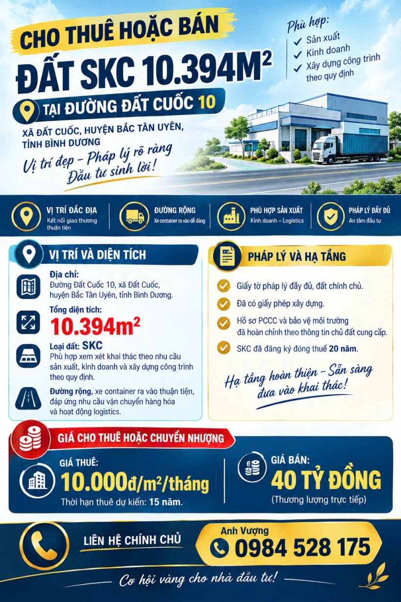 CHO THUÊ HOẶC BÁN ĐẤT SKC 10.394M² TẠI ĐƯỜNG ĐẤT CUỐC 10, XÃ ĐẤT CUỐC, BẮC TÂN UYÊN, BÌNH DƯƠNG