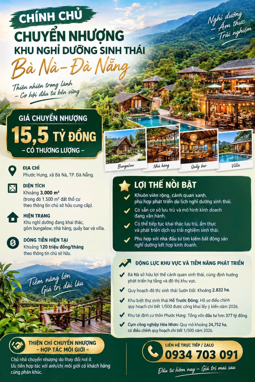 CHÍNH CHỦ CHUYỂN NHƯỢNG KHU NGHỈ DƯỠNG SINH THÁI BÀ NÀ – ĐÀ NẴNG - GIÁ CHUYỂN NHƯỢNG: 15,5 TỶ ĐỒNG – CÓ THƯƠNG LƯỢNG