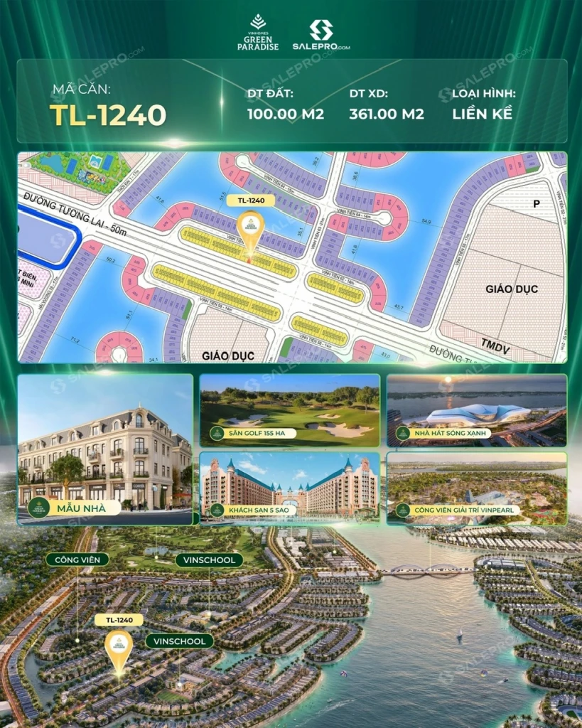 Kính gửi Anh/Chị thông tin căn:🔹 Mã căn: TL-1240 Nhà Phố 100m2 Khu Vịnh Tiên