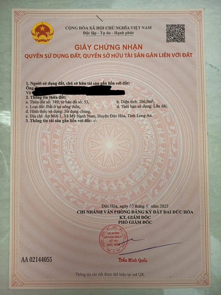 Bán đất thổ cư 100%, 10*26m, gần chợ Mỹ Hạnh Nam, Đức Hoà, Long An 