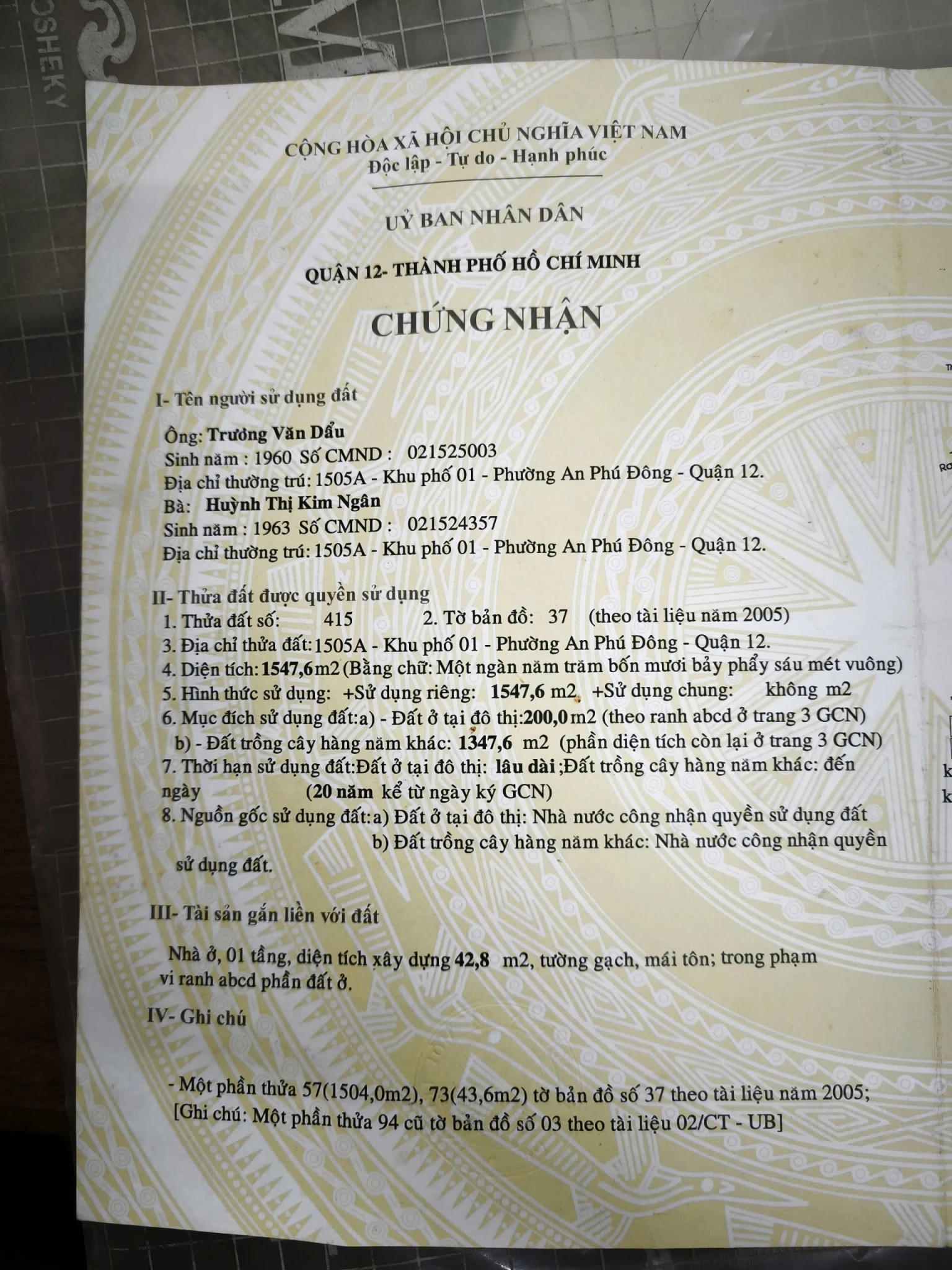 CHÍNH CHỦ CẦN BÁN ĐẤT 1.547,6M² – AN PHÚ ĐÔNG, QUẬN 12 – GIÁ 32 TỶ