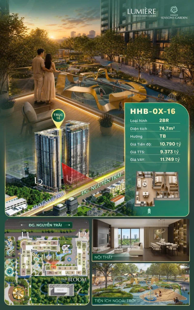 ✨ LUMIÈRE HANOI SEASONS GARDEN – CĂN 2PN ĐẲNG CẤP: Sở hữu căn hộ 2PN , diện tích 74,7m², tọa lạc tại trục căn đẹp tòa L2, ôm trọn tầm nhìn công viên The Bloom xanh mát và tuyến Metro hiện đại.