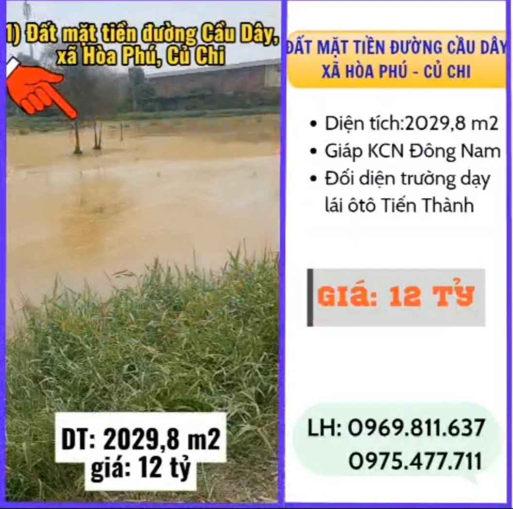 CHÍNH CHỦ BÁN 2 LÔ ĐẤT MẶT TIỀN CỦ CHI –  TPHCM , GIÁ TỐT