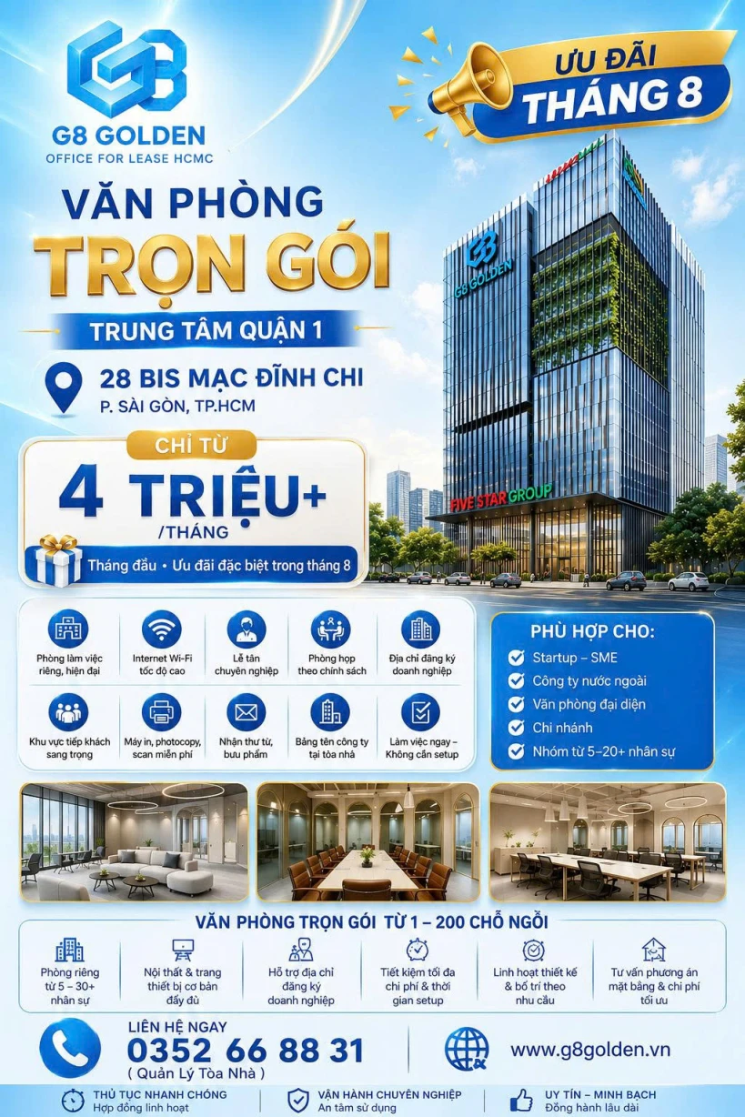 CHO THUÊ VĂN PHÒNG TRỌN GÓI – FULL NỘI THẤT – FULL TIỆN ÍCH