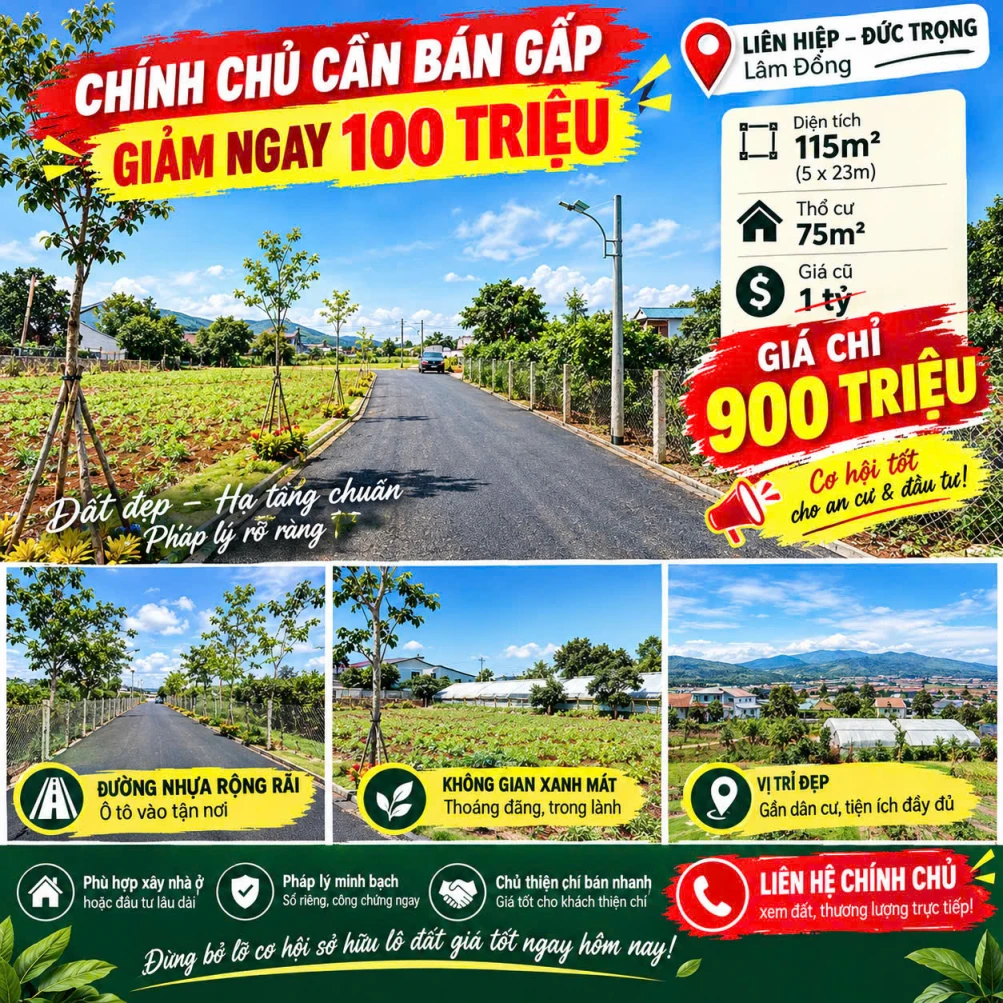 💥 900 TRIỆU SỞ HỮU NGAY LÔ GÓC 115M² – LIÊN HIỆP, ĐỨC TRỌNG 💥