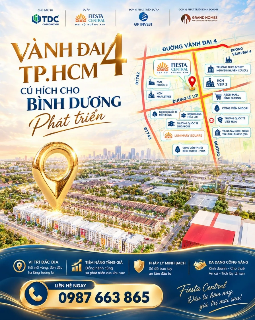 FIESTA CENTRAL BÌNH DƯƠNG – NHÀ PHỐ CHỈ TỪ 4,3 TỶ  TỌA ĐỘ ĐÁNG CHÚ Ý CHO NHÀ ĐẦU TƯ