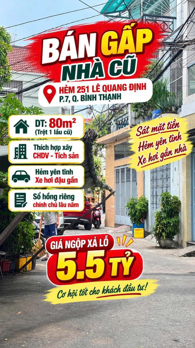 Chủ ngợp hạ 2tỷ Bán nhà cũ 80m2 Lê Quang Định Bình Thạnh nở hậu chỉ 5.5tỷ