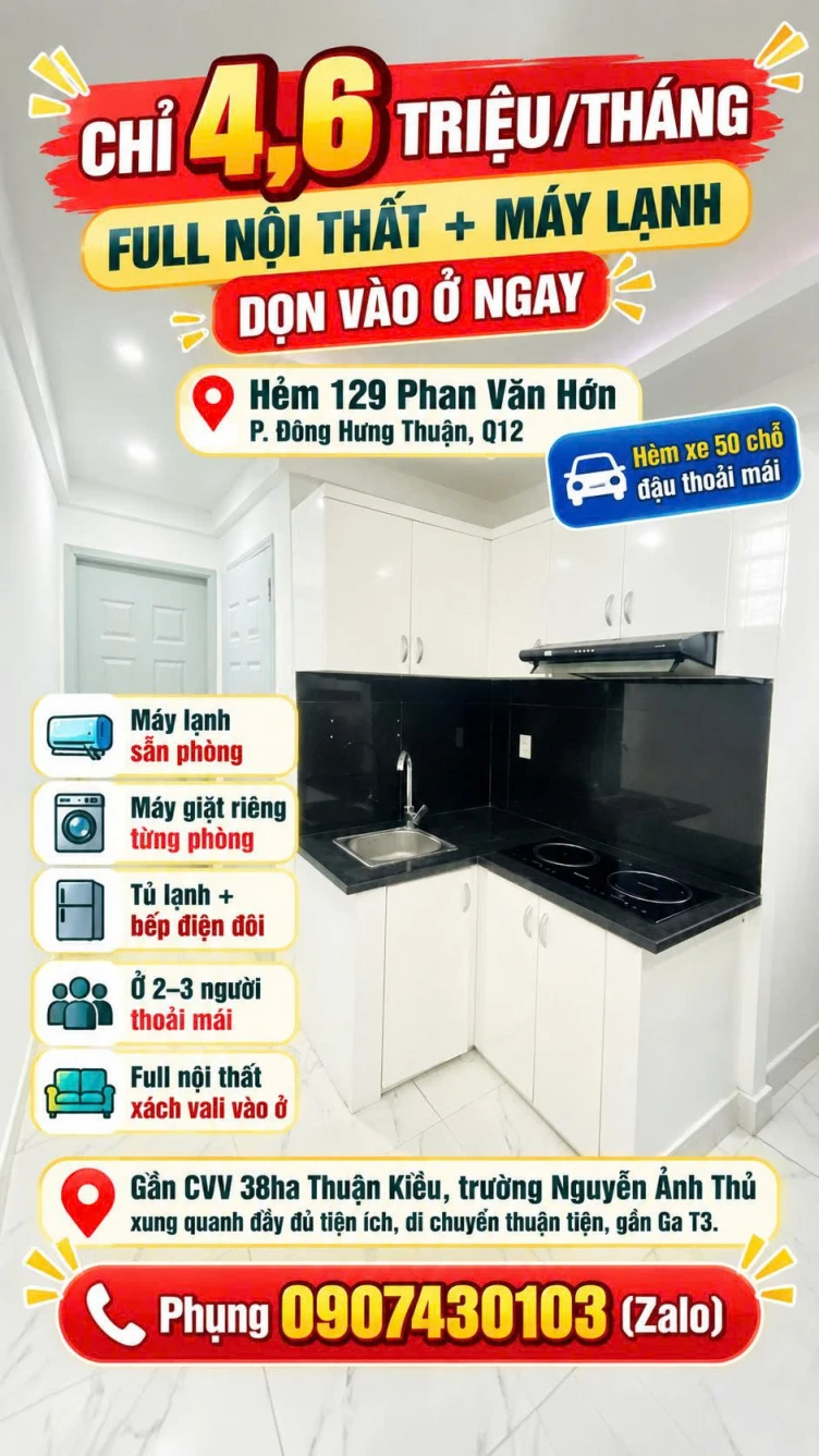 Cho thuê phòng Full nội thất Phan Văn Hớn Q12 hẻm xe 50 chỗ 4.6 triệu