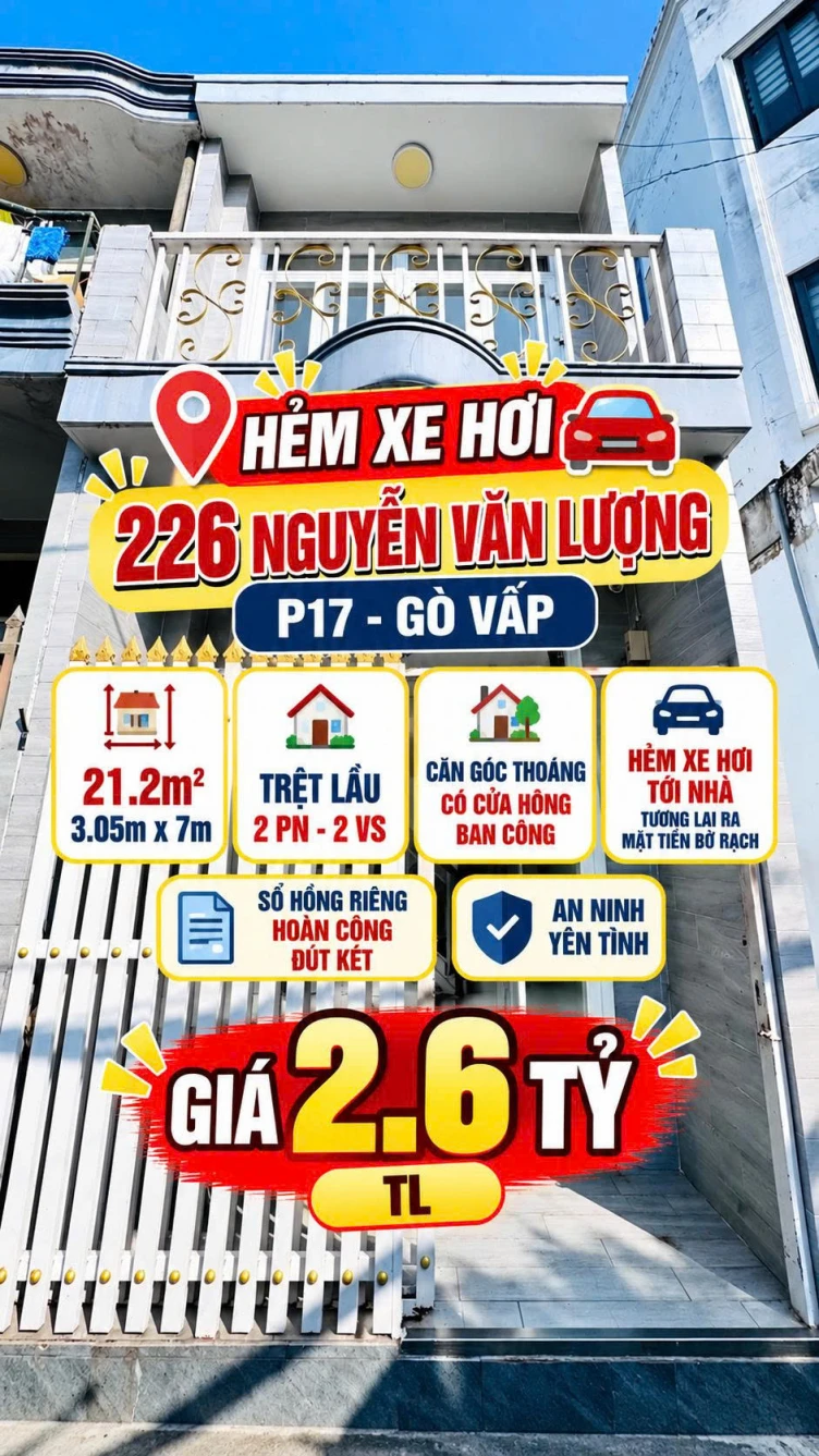 Bán nhà căn góc HXH 226 Nguyễn Văn Lượng P17 Gò Vấp 21m2 2PN giá 2.6tỷ