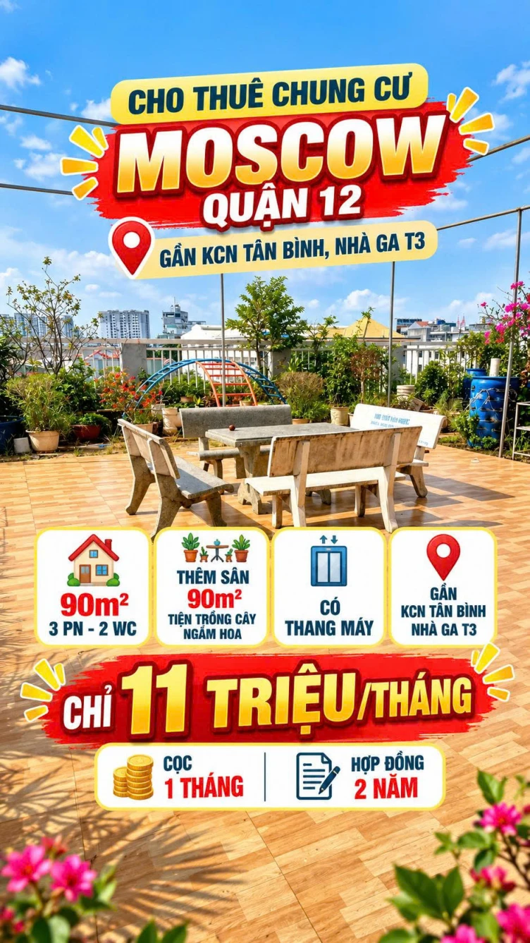 Cho thuê CC Moscow Q12 sát KCN Tân Bình 90m2, 3PN, sân vườn,11tr/th