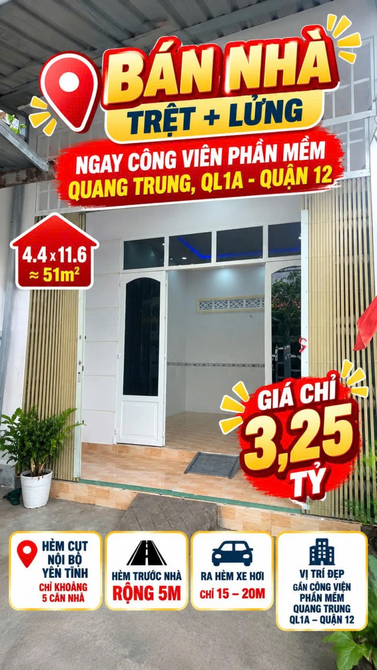 Bán nhà trệt lửng sát CVPM Quang Trung Q12 51m2 hẻm 5m chỉ 3.25tỷ