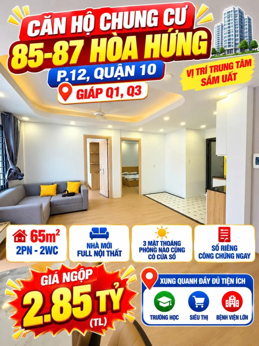 Bán căn hộ Hòa Hưng Q10 ,65m2 2,PN2WC ,Full NT ,có Sổ giá 2.85tỷ
